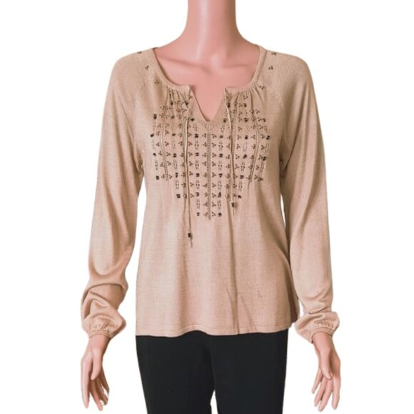 Sigrid Olsen Beige Silk Blend Sweater Beaded Split Neck Long Sleeve Stretch - Picture 1 of 8